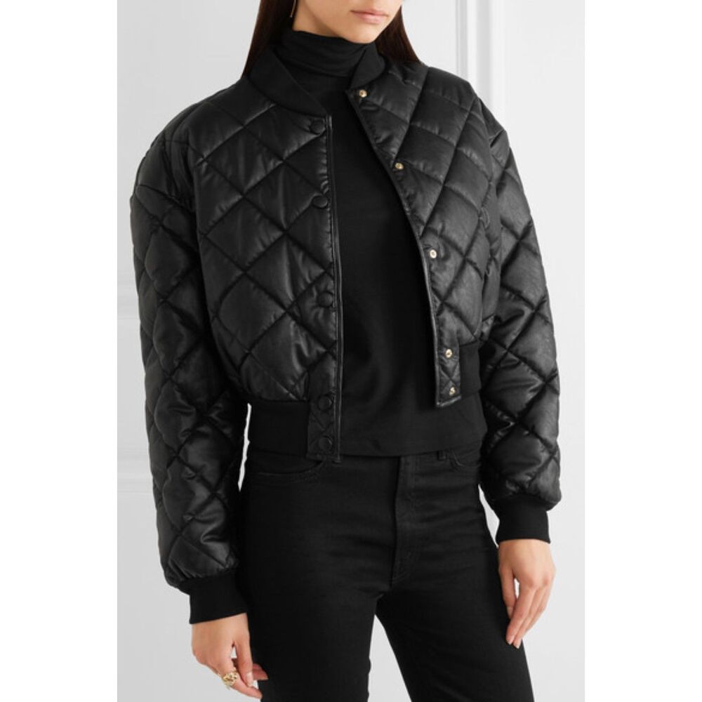 STELLA MCCARTNEY Marisa Faux‎ Leather Quilted Cropped Bomber Jacket Black Sz 38